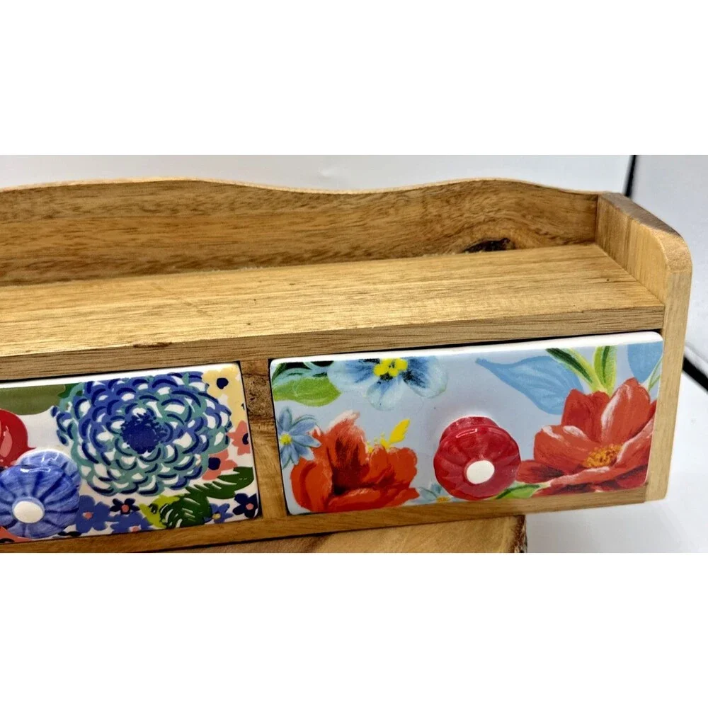 The Pioneer Woman Spice Rack Wood Shelf Ceramic 3-Drawers Bin Floral Melody